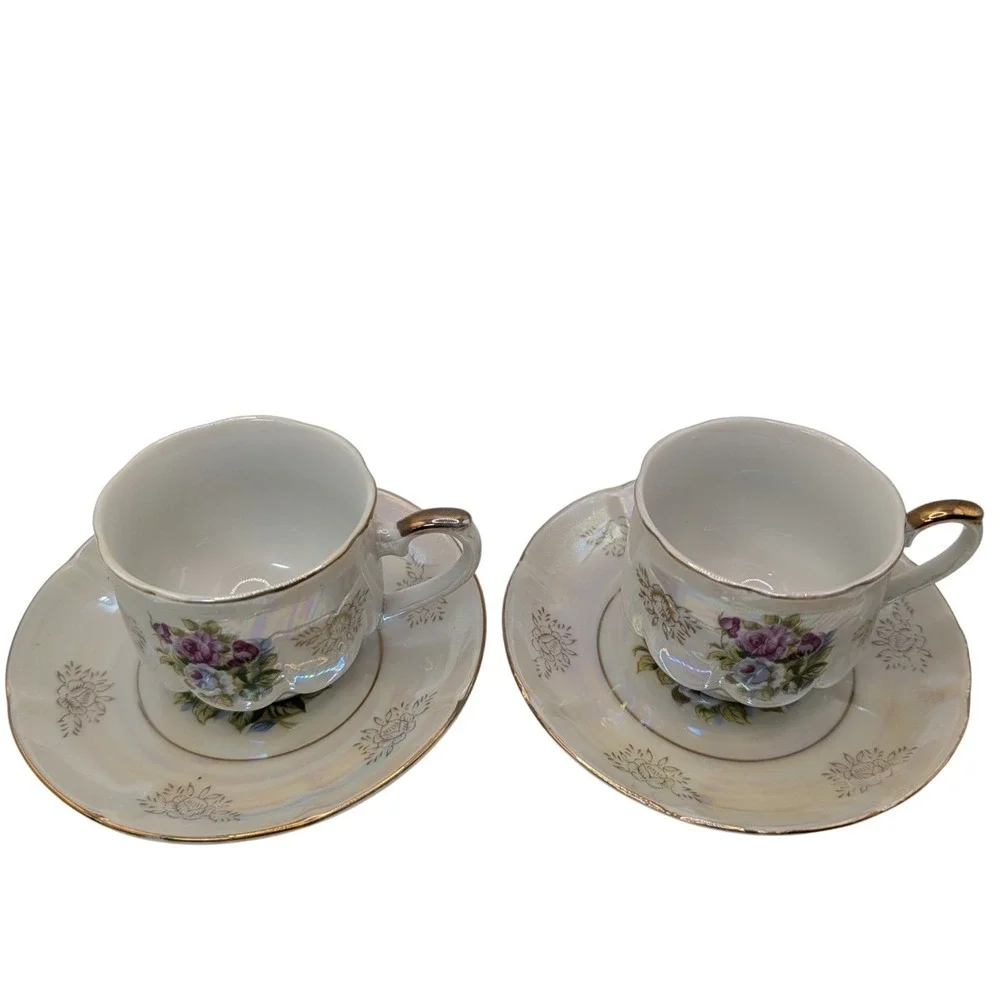 Vintage Seyei Fine China Demitasse Cups and Saucers Iridescent Floral Set of Two